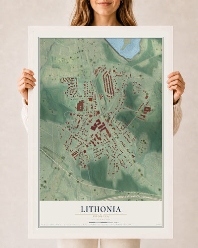 Lithonia, Georgia map print, 24" x 36" W/ White Ayous Wood Frame mockup