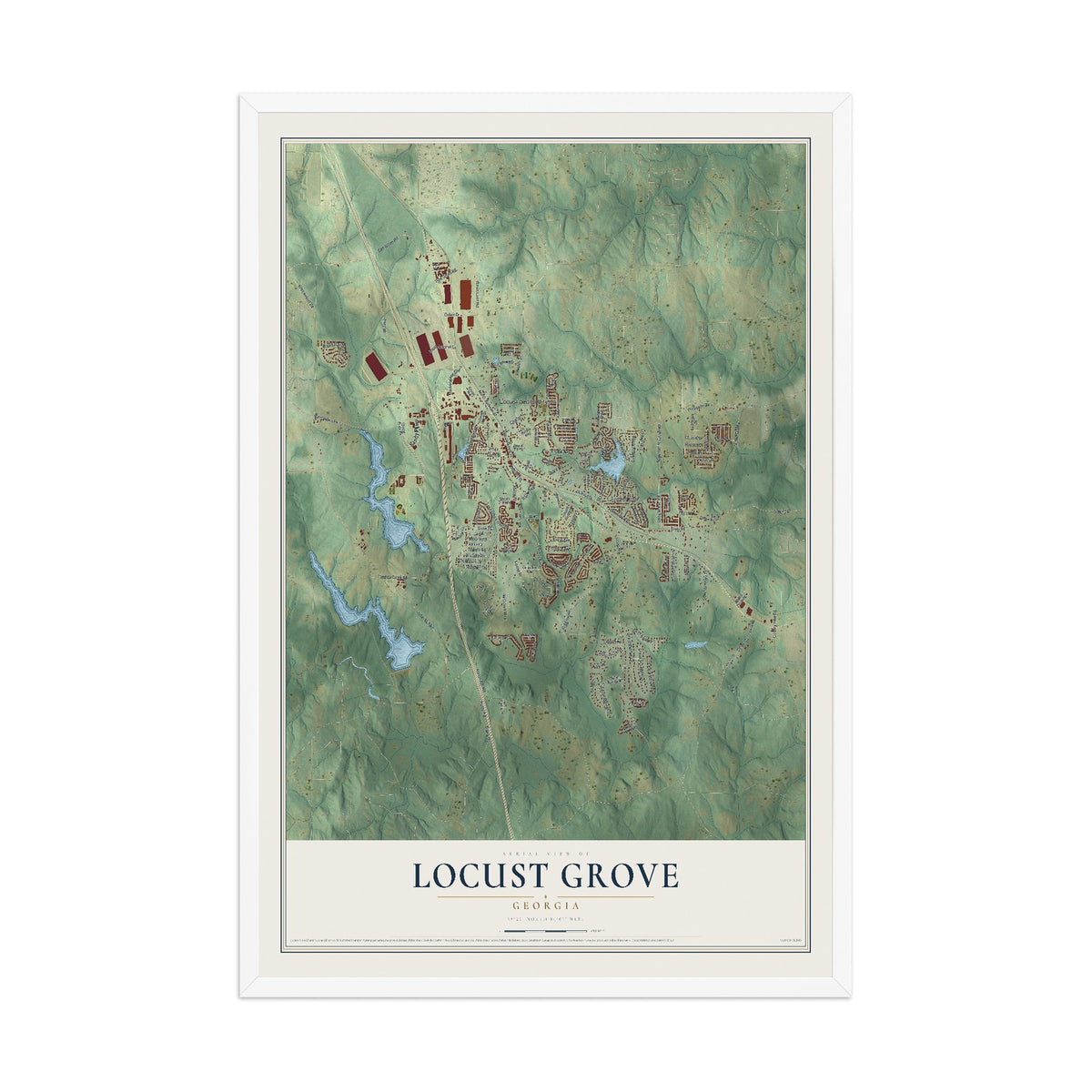 Locust Grove, Georgia map print, 12" x 18" W/ White Ayous Wood Frame mockup