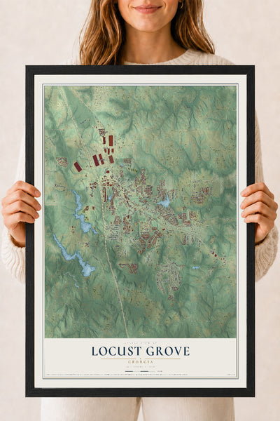 Locust Grove, Georgia map print, 18" x 24" W/ Black Ayous Wood Frame mockup