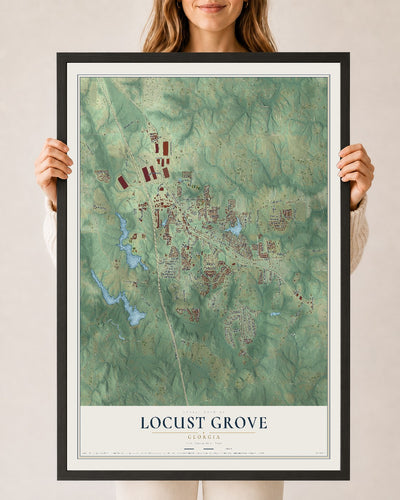 Locust Grove, Georgia map print, 24" x 36" W/ Black Ayous Wood Frame mockup