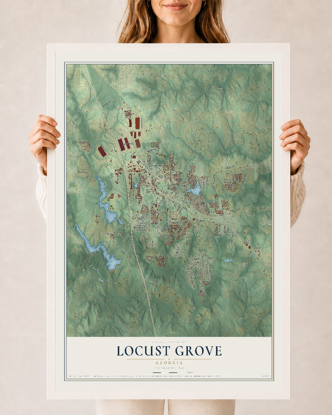 Locust Grove, Georgia map print, 24" x 36" W/ White Ayous Wood Frame mockup