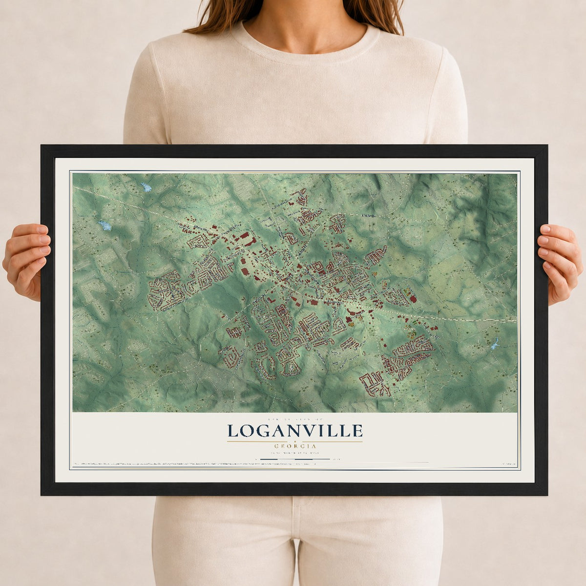 Loganville, Georgia map print, 12" x 18" W/ Black Ayous Wood Frame mockup