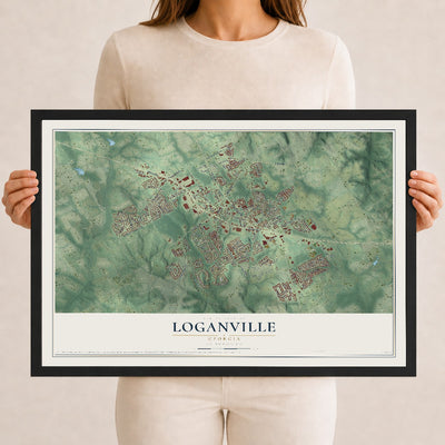 Loganville, Georgia map print, 12" x 18" W/ Black Ayous Wood Frame mockup