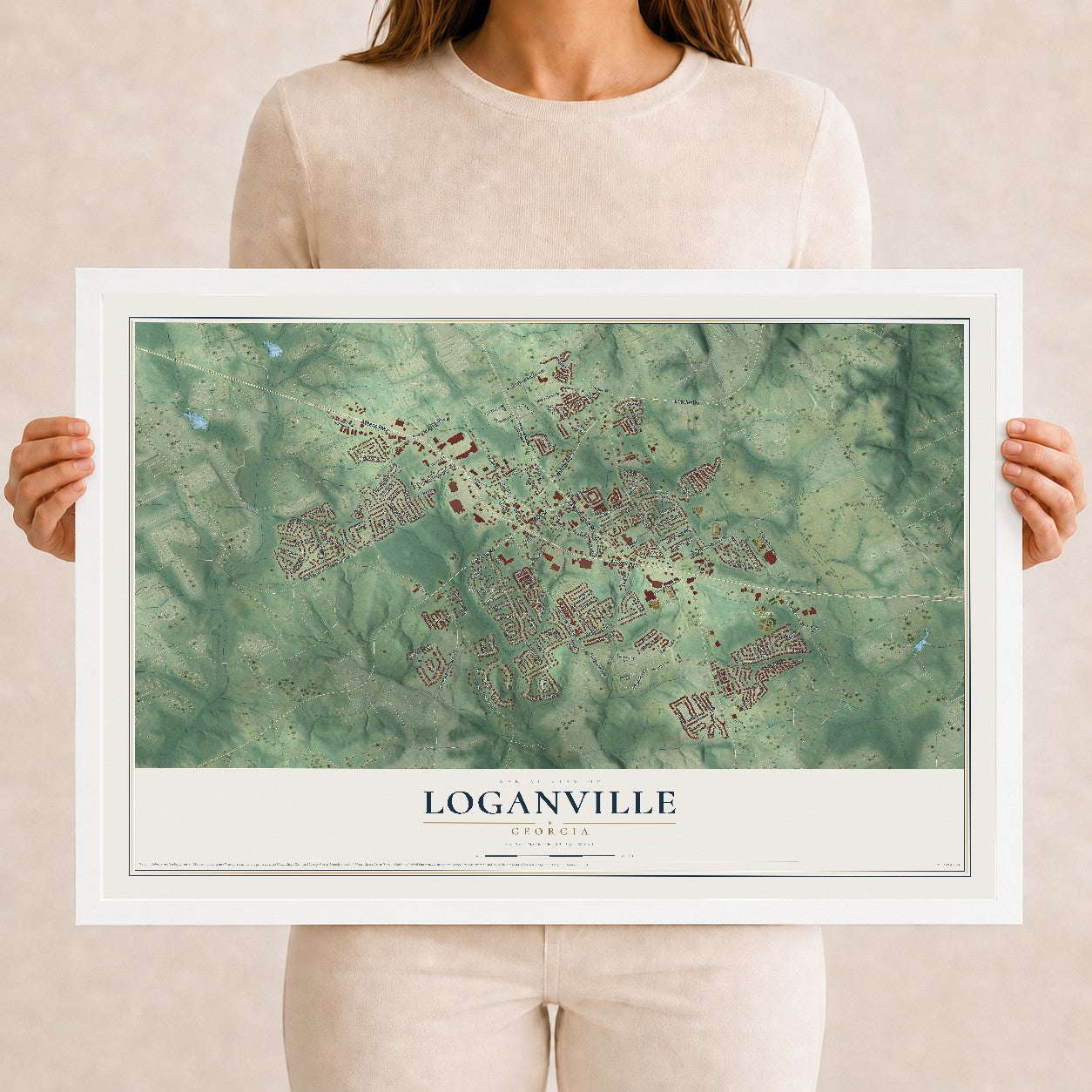 Loganville, Georgia map print, 12" x 18" W/ White Ayous Wood Frame mockup