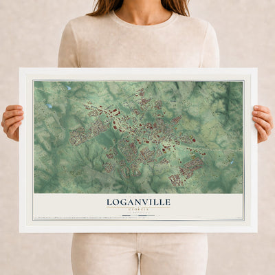 Loganville, Georgia map print, 12" x 18" W/ White Ayous Wood Frame mockup