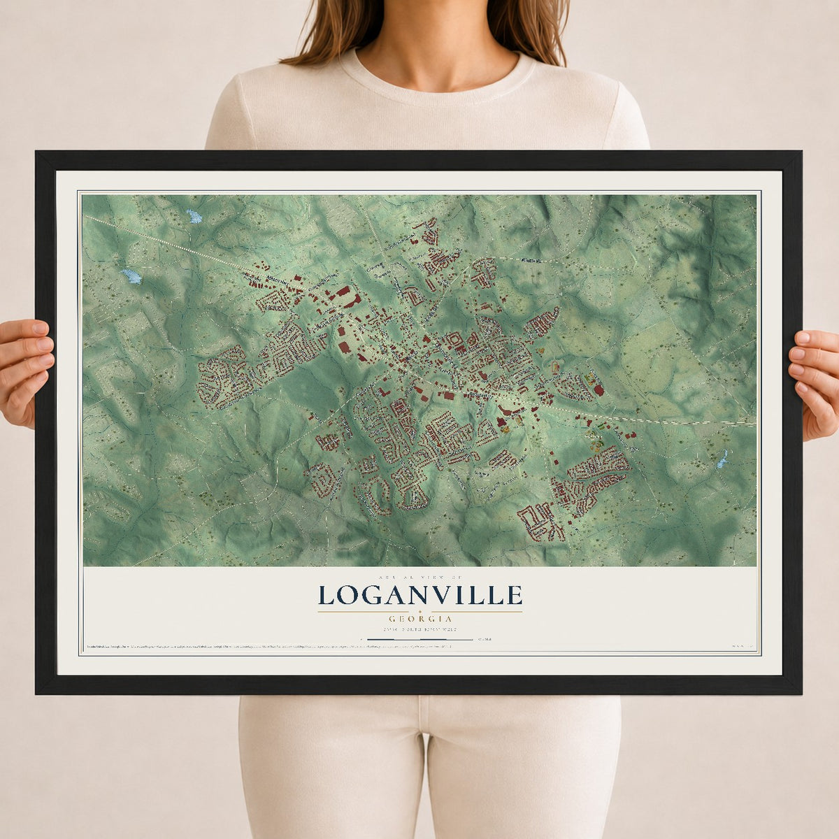 Loganville, Georgia map print, 18" x 24" W/ Black Ayous Wood Frame mockup