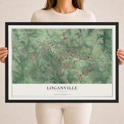 Loganville, Georgia map print, 18" x 24" W/ Black Ayous Wood Frame mockup
