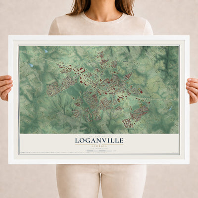 Loganville, Georgia map print, 18" x 24" W/ White Ayous Wood Frame mockup