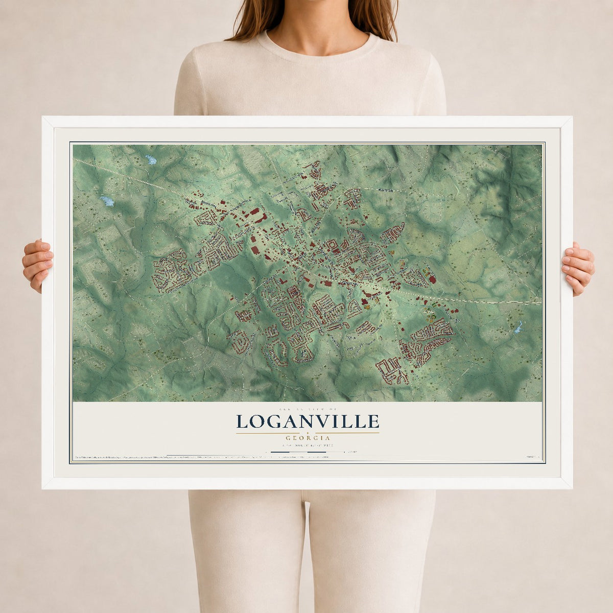Loganville, Georgia map print, 24" x 36" W/ White Ayous Wood Frame mockup