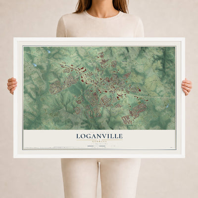 Loganville, Georgia map print, 24" x 36" W/ White Ayous Wood Frame mockup