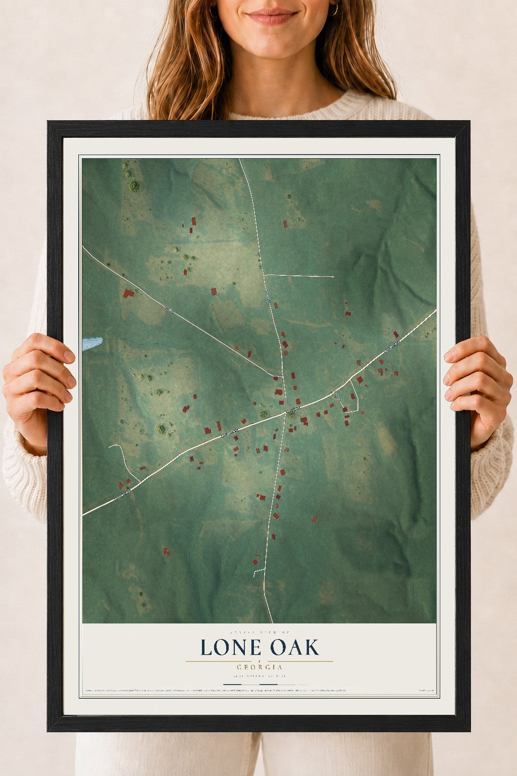 Lone Oak, Georgia map print, 18" x 24" W/ Black Ayous Wood Frame mockup