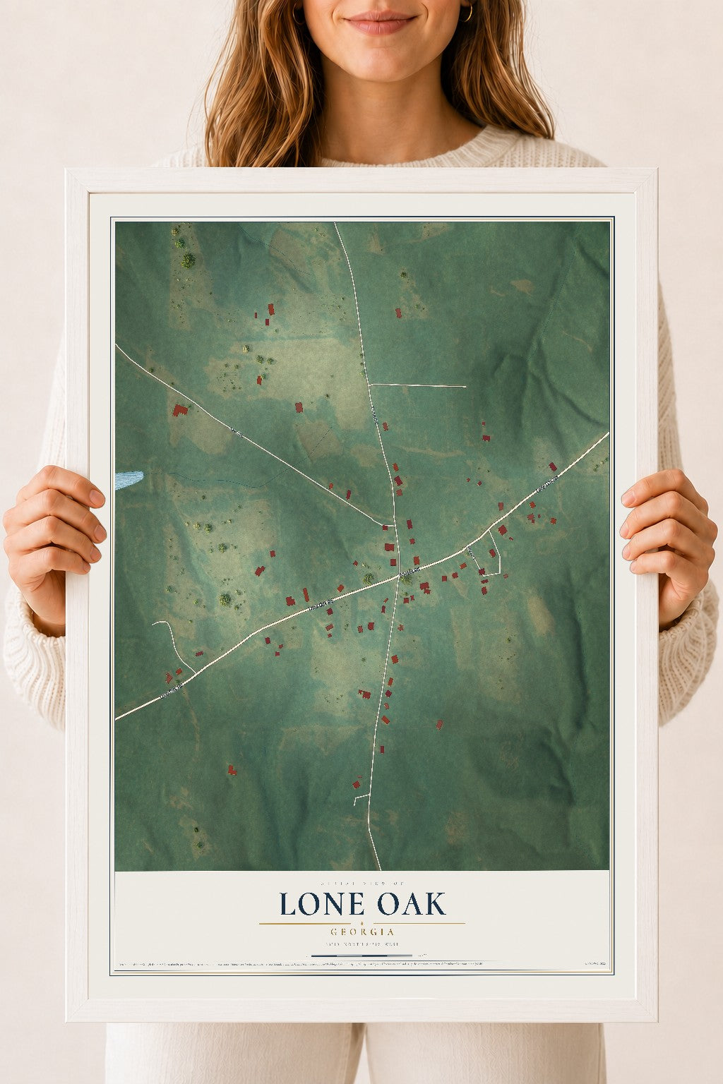 Lone Oak, Georgia map print, 18" x 24" W/ White Ayous Wood Frame mockup