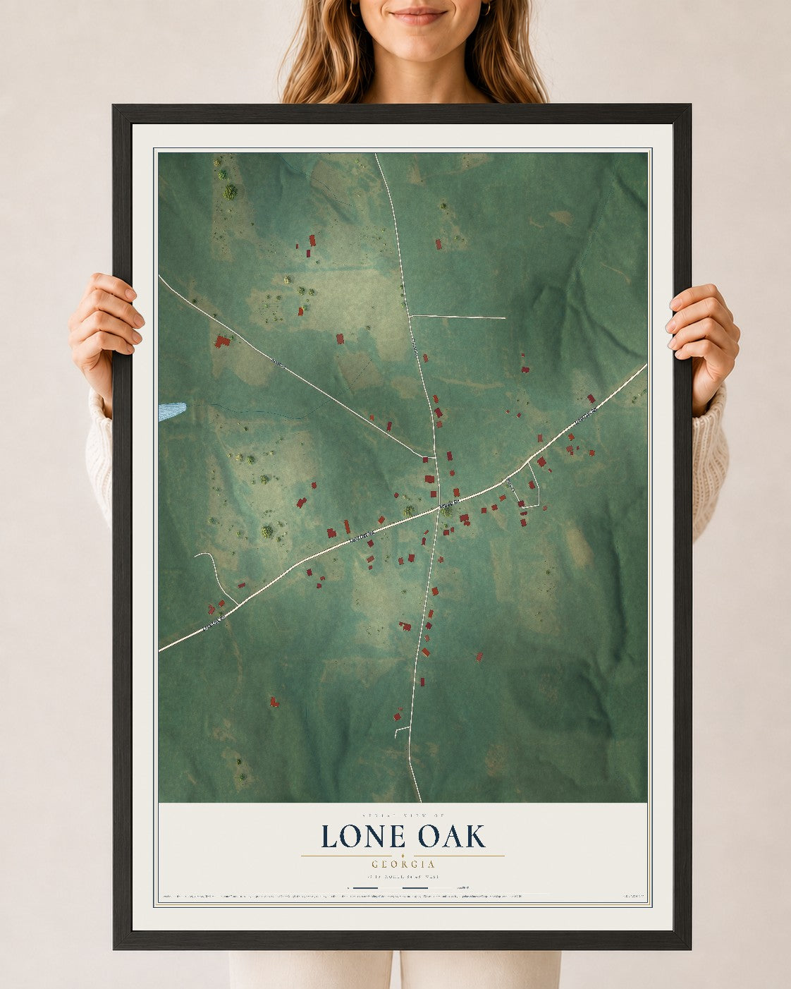 Lone Oak, Georgia map print, 24" x 36" W/ Black Ayous Wood Frame mockup