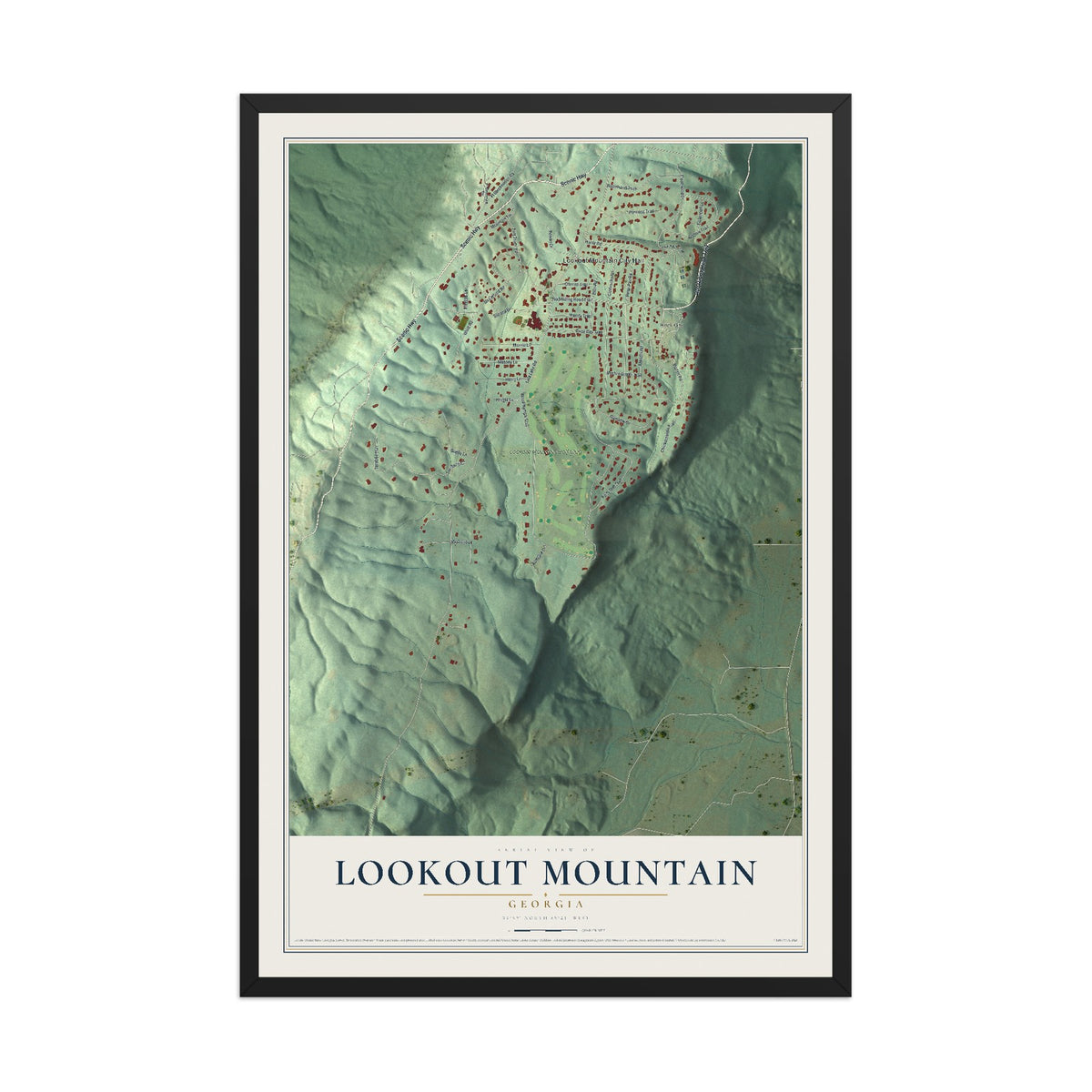 Lookout Mountain, Georgia map print, 12" x 18" W/ Black Ayous Wood Frame mockup