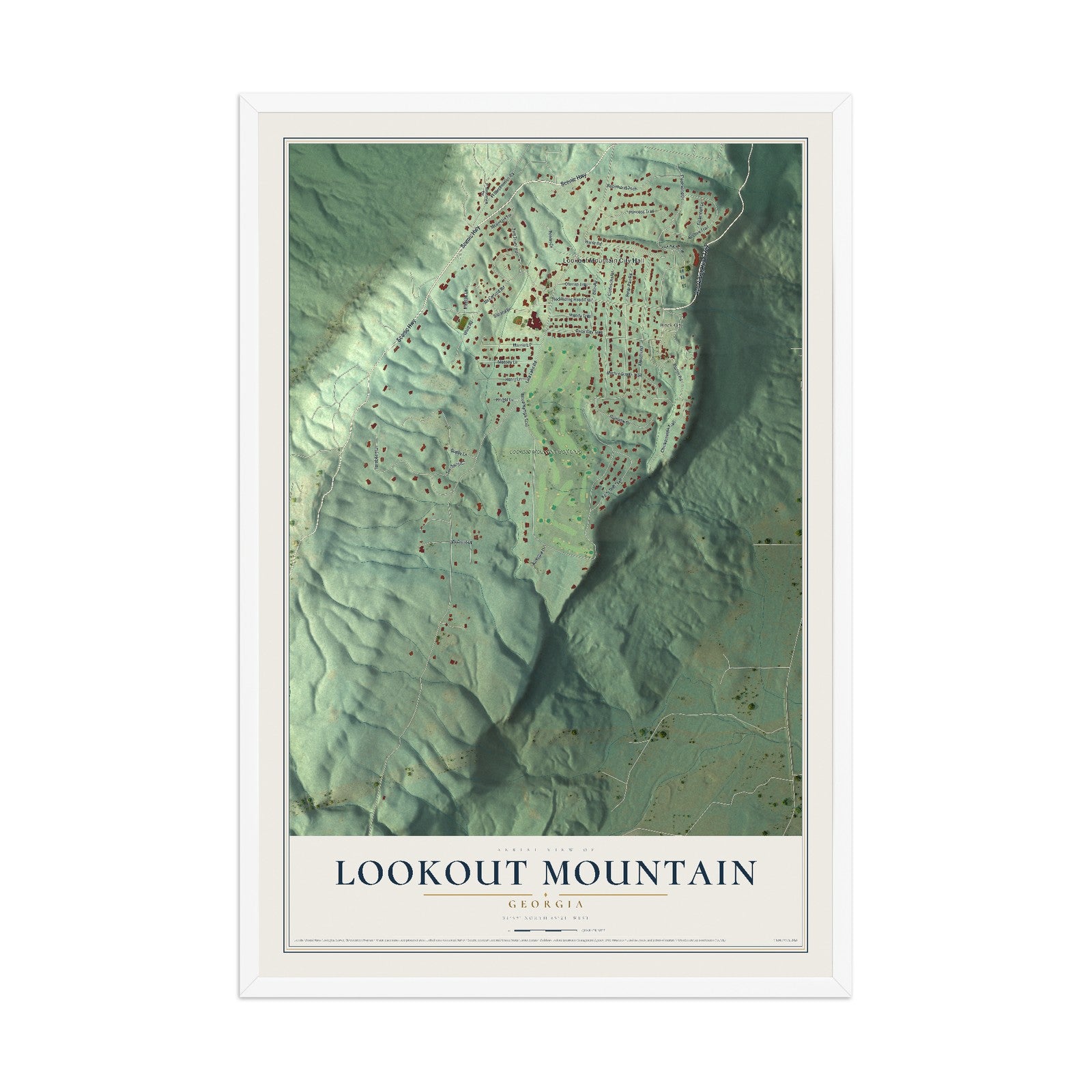 Lookout Mountain, Georgia map print, 12" x 18" W/ White Ayous Wood Frame mockup
