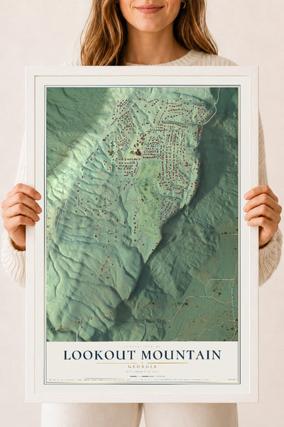 Lookout Mountain, Georgia map print, 18" x 24" W/ White Ayous Wood Frame mockup