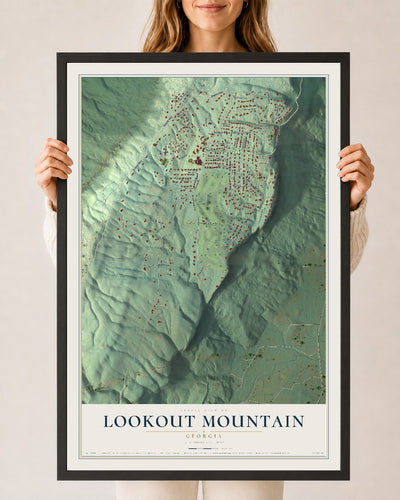Lookout Mountain, Georgia map print, 24" x 36" W/ Black Ayous Wood Frame mockup