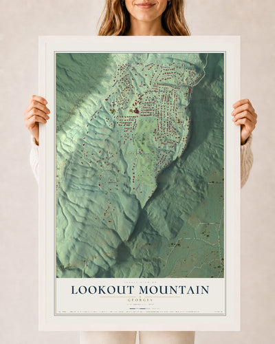 Lookout Mountain, Georgia map print, 24" x 36" W/ White Ayous Wood Frame mockup