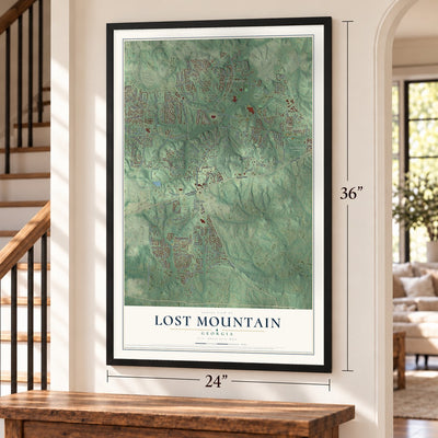 Lost Mountain, Georgia map, 24 x 36 inch print in a black frame by a staircase