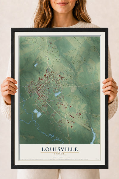 Louisville, Georgia map print, 18" x 24" W/ Black Ayous Wood Frame mockup