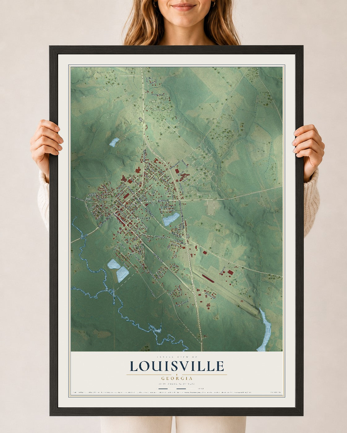 Louisville, Georgia map print, 24" x 36" W/ Black Ayous Wood Frame mockup