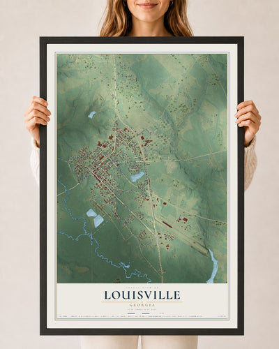 Louisville, Georgia map print, 24" x 36" W/ Black Ayous Wood Frame mockup