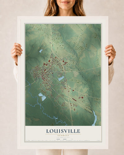 Louisville, Georgia map print, 24" x 36" W/ White Ayous Wood Frame mockup