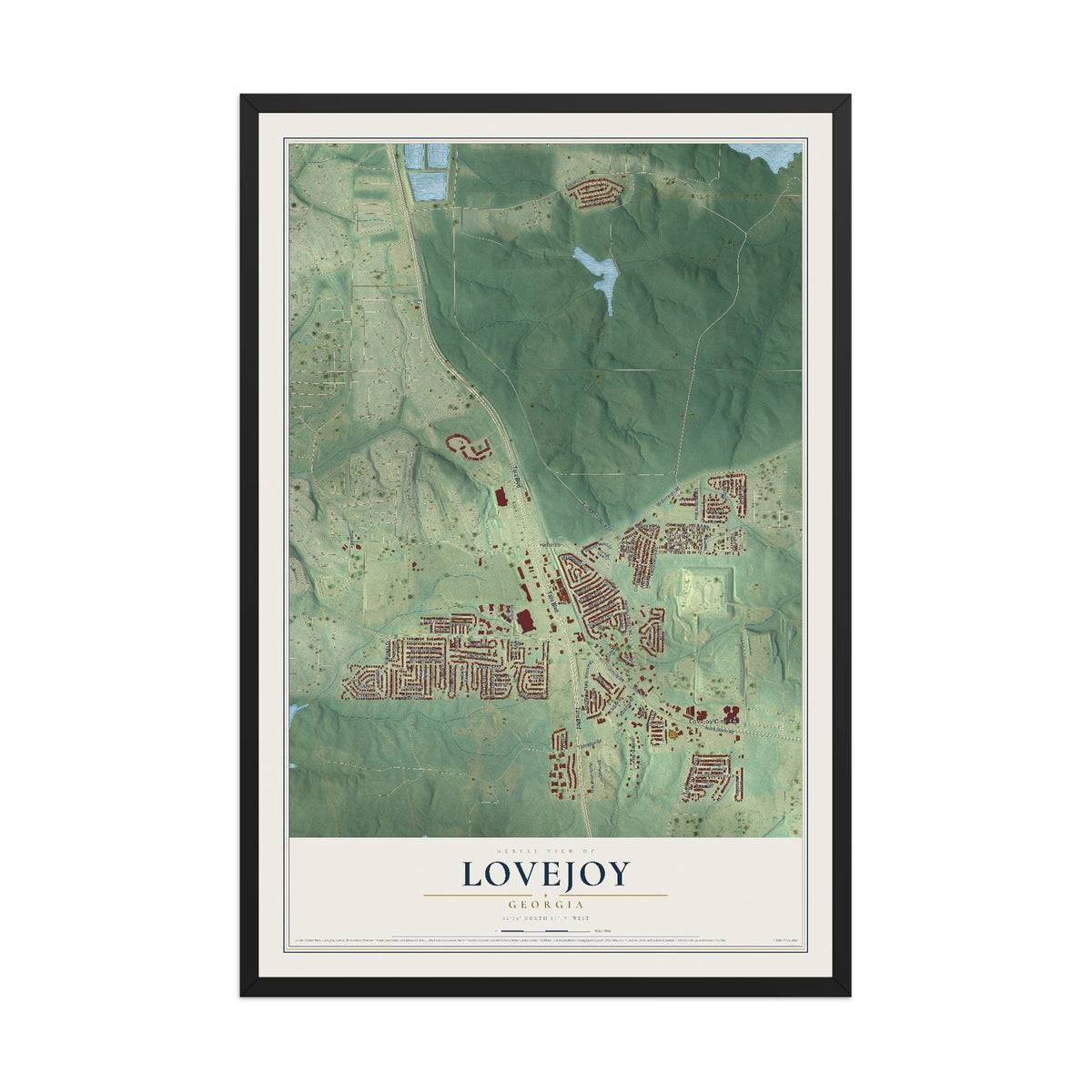 Lovejoy, Georgia map print, 12" x 18" W/ Black Ayous Wood Frame mockup