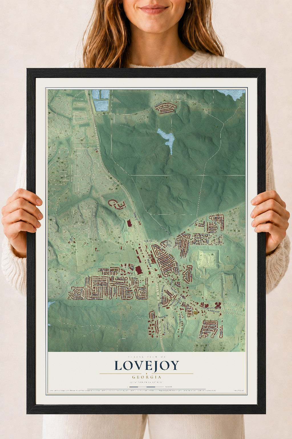 Lovejoy, Georgia map print, 18" x 24" W/ Black Ayous Wood Frame mockup