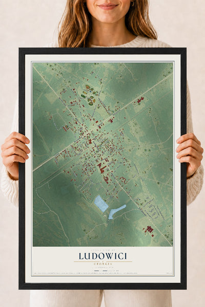 Ludowici, Georgia map print, 18" x 24" W/ Black Ayous Wood Frame mockup