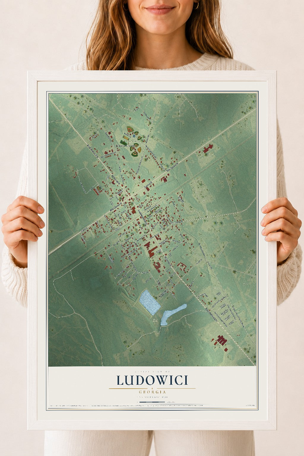 Ludowici, Georgia map print, 18" x 24" W/ White Ayous Wood Frame mockup