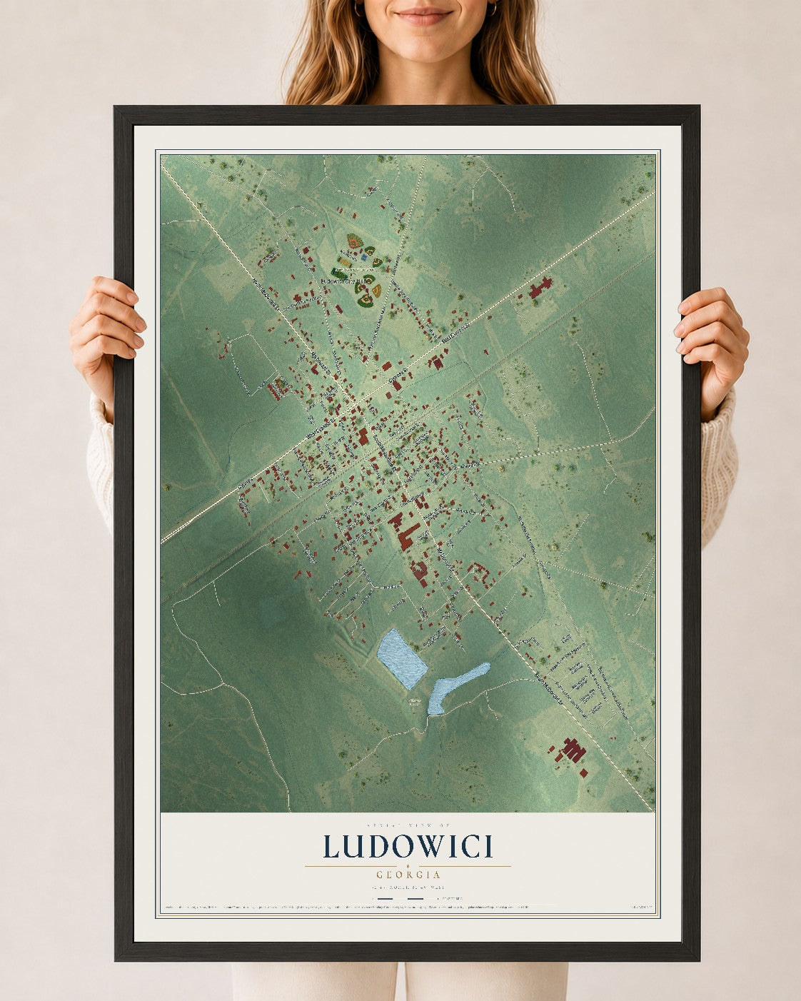 Ludowici, Georgia map print, 24" x 36" W/ Black Ayous Wood Frame mockup