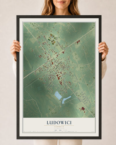Ludowici, Georgia map print, 24" x 36" W/ Black Ayous Wood Frame mockup