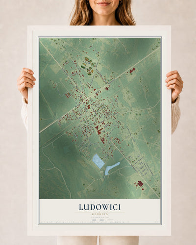 Ludowici, Georgia map print, 24" x 36" W/ White Ayous Wood Frame mockup
