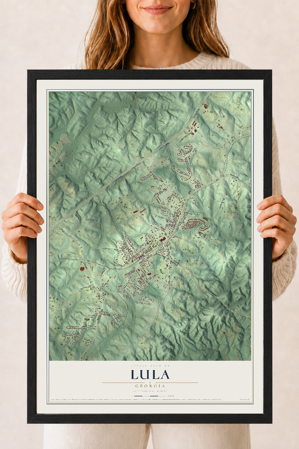 Lula, Georgia map print, 18" x 24" W/ Black Ayous Wood Frame mockup