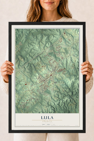 Lula, Georgia map print, 18" x 24" W/ Black Ayous Wood Frame mockup