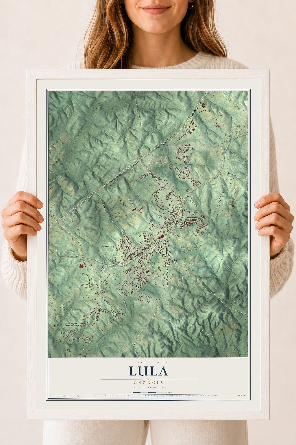 Lula, Georgia map print, 18" x 24" W/ White Ayous Wood Frame mockup
