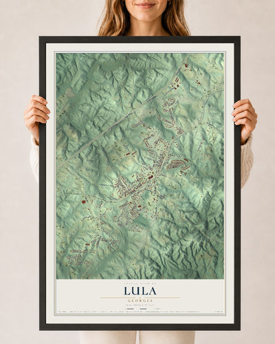 Lula, Georgia map print, 24" x 36" W/ Black Ayous Wood Frame mockup