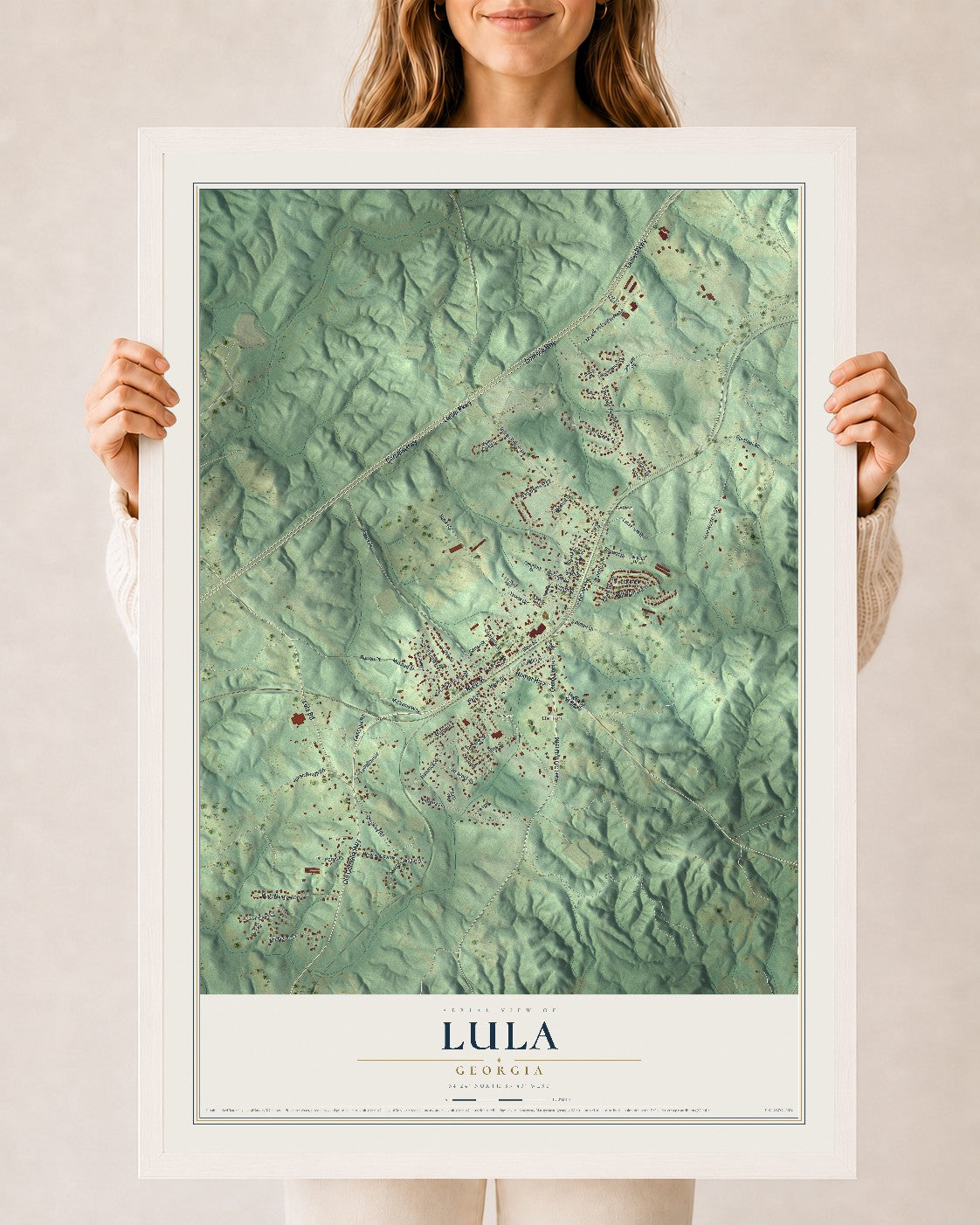 Lula, Georgia map print, 24" x 36" W/ White Ayous Wood Frame mockup