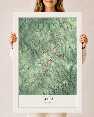Lula, Georgia map print, 24" x 36" W/ White Ayous Wood Frame mockup