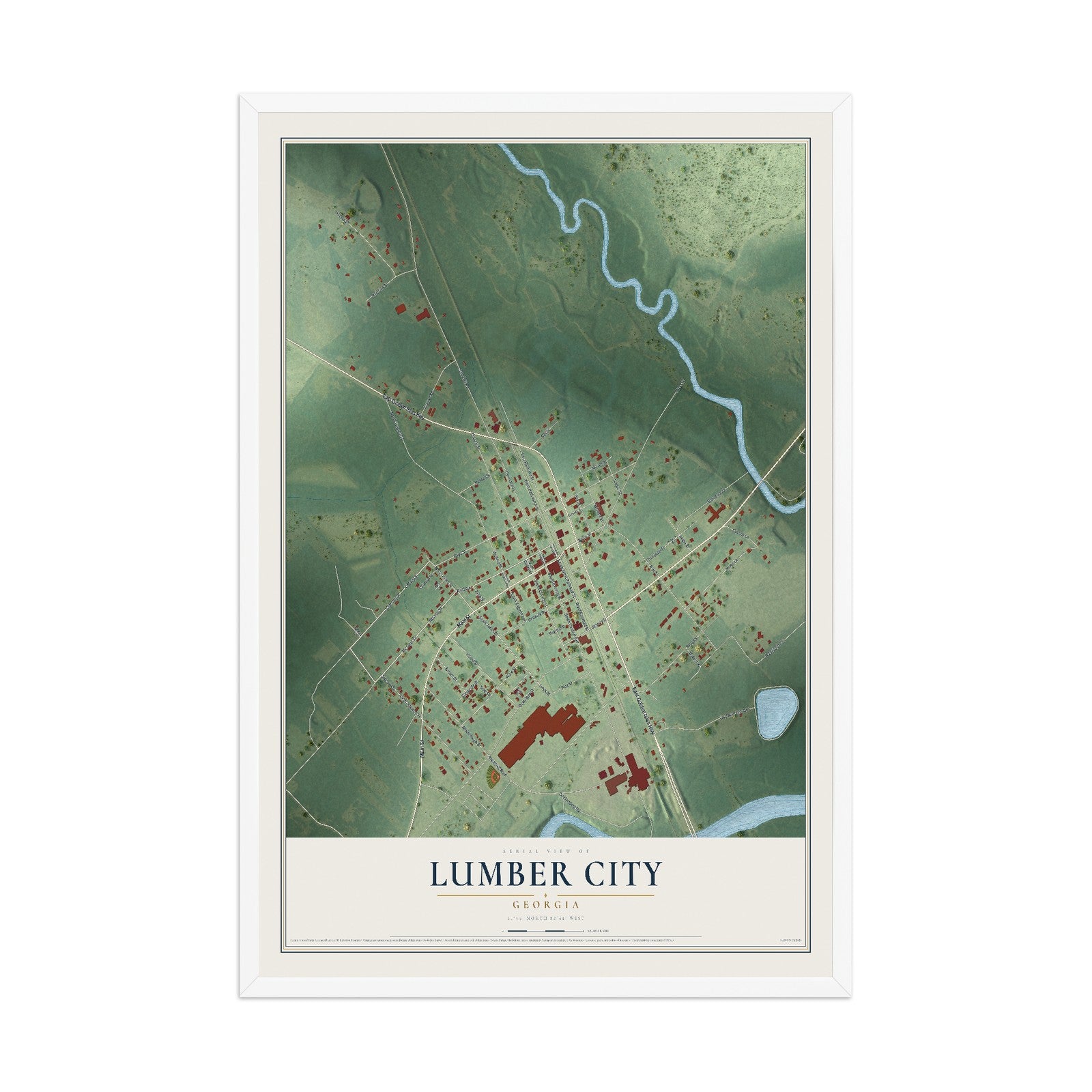 Lumber City, Georgia map print, 12" x 18" W/ White Ayous Wood Frame mockup