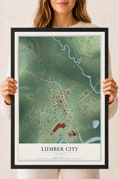 Lumber City, Georgia map print, 18" x 24" W/ Black Ayous Wood Frame mockup