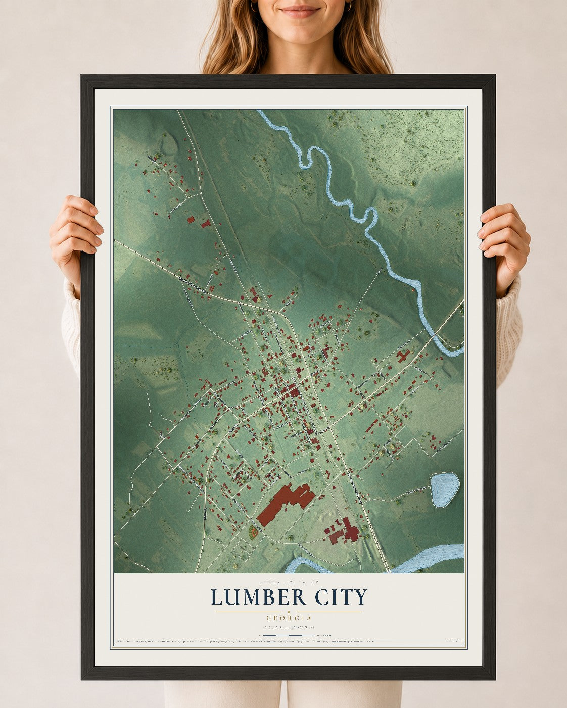 Lumber City, Georgia map print, 24" x 36" W/ Black Ayous Wood Frame mockup