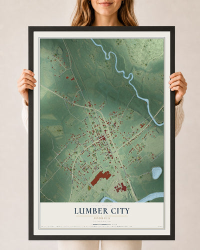 Lumber City, Georgia map print, 24" x 36" W/ Black Ayous Wood Frame mockup