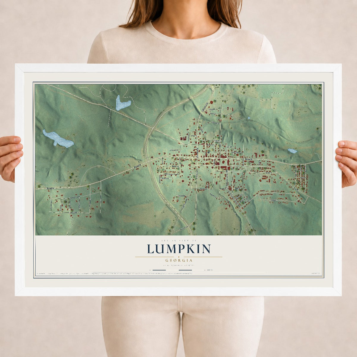 Lumpkin, Georgia map print, 18" x 24" W/ White Ayous Wood Frame mockup