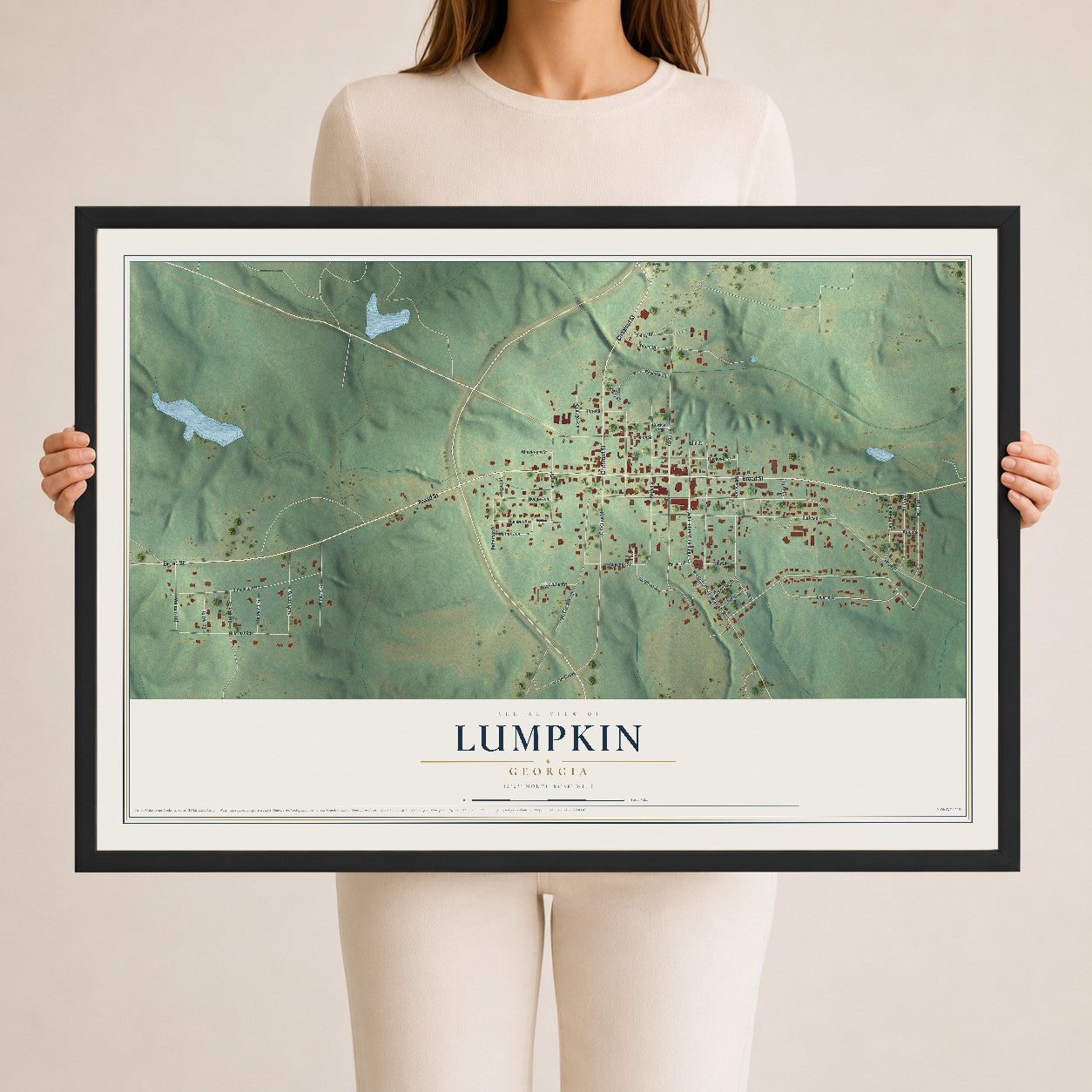 Lumpkin, Georgia map print, 24" x 36" W/ Black Ayous Wood Frame mockup