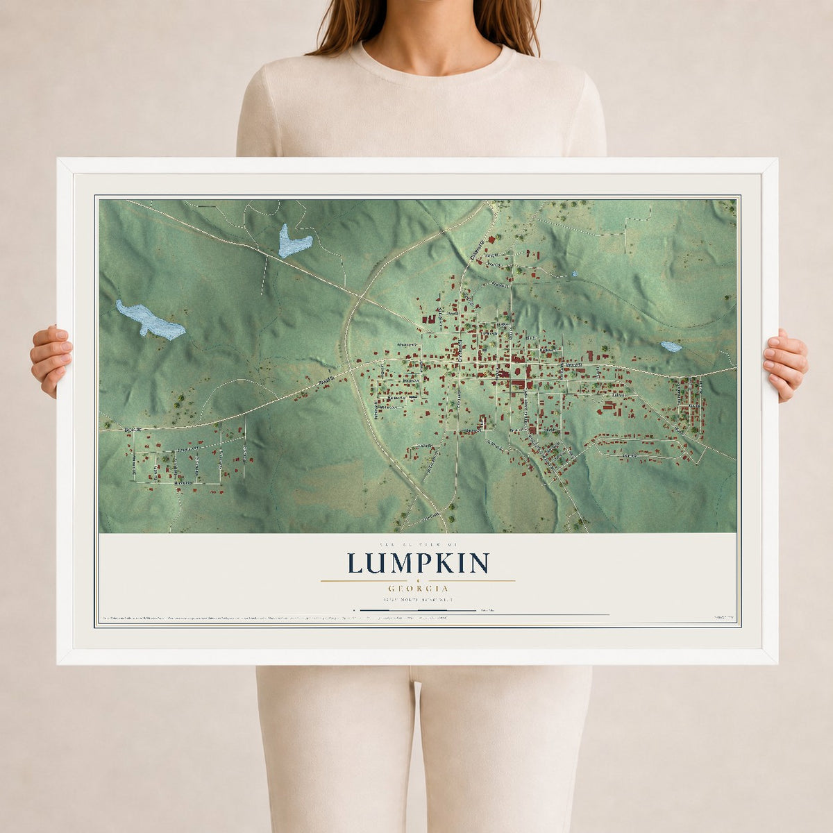 Lumpkin, Georgia map print, 24" x 36" W/ White Ayous Wood Frame mockup