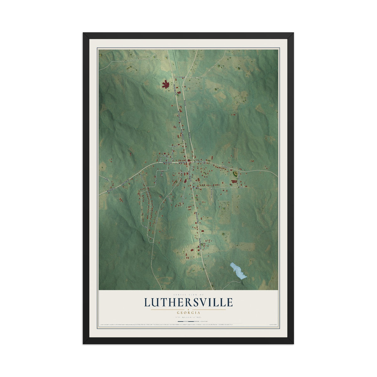 Luthersville, Georgia map print, 12" x 18" W/ Black Ayous Wood Frame mockup
