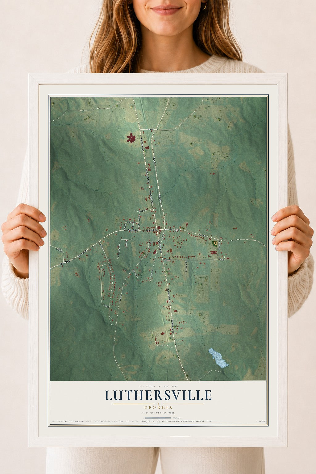Luthersville, Georgia map print, 18" x 24" W/ White Ayous Wood Frame mockup