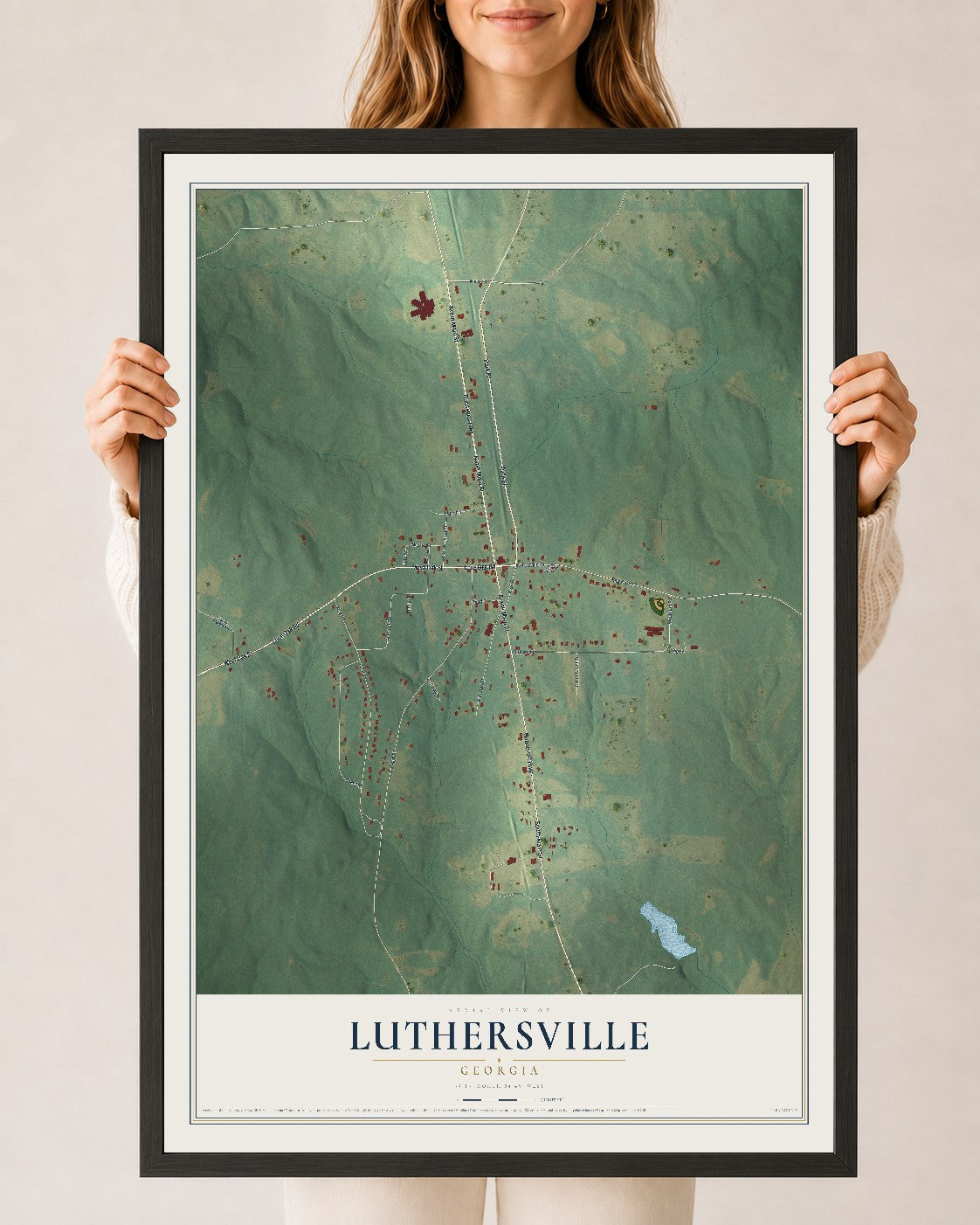 Luthersville, Georgia map print, 24" x 36" W/ Black Ayous Wood Frame mockup